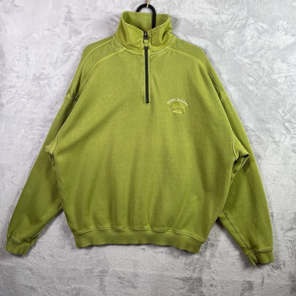 Tommy Bahama 1/4 Zip Sweatshirt Men's Large Green Beachy Summer 100% Cotton‎